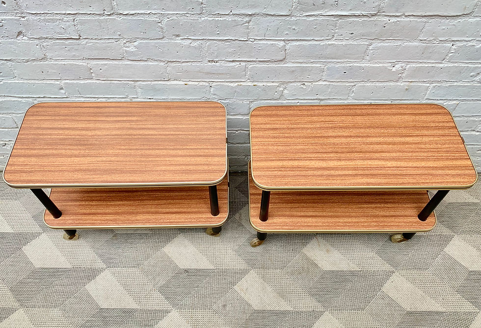 Miniature : Pair of Vintage Side Tables Bedside Tables on Castor Wheels #D419