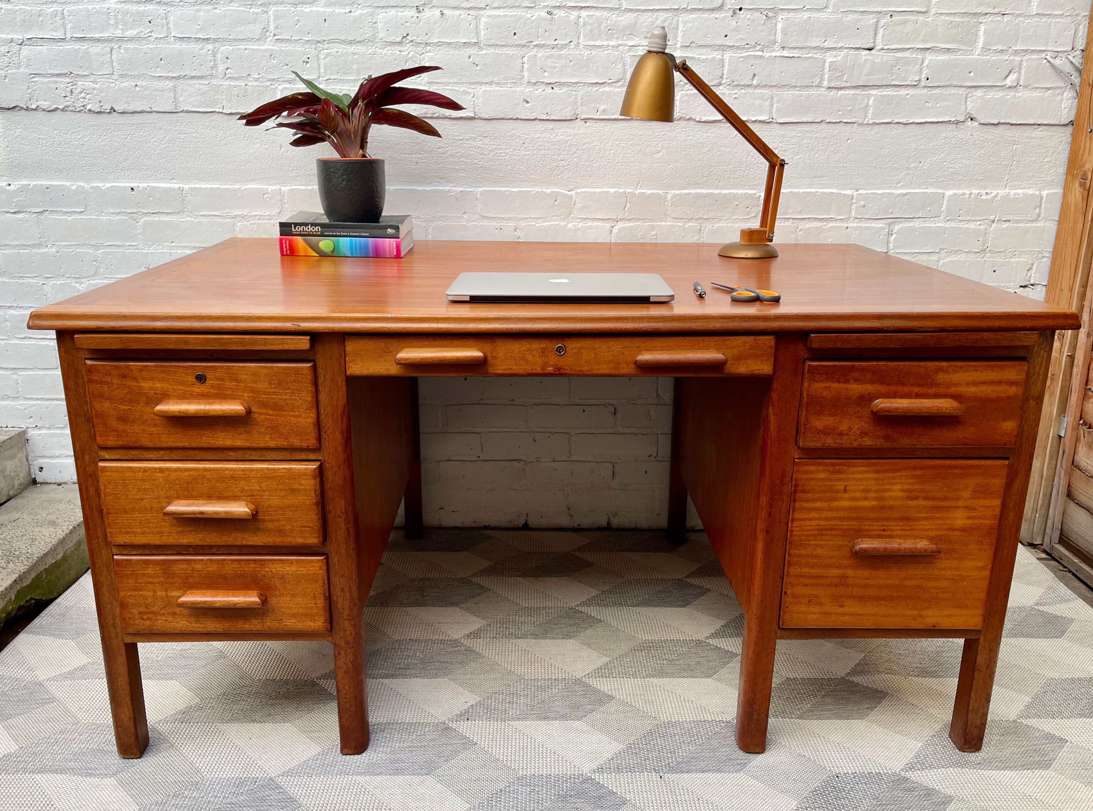 Large Vintage Wooden Desk with Drawers