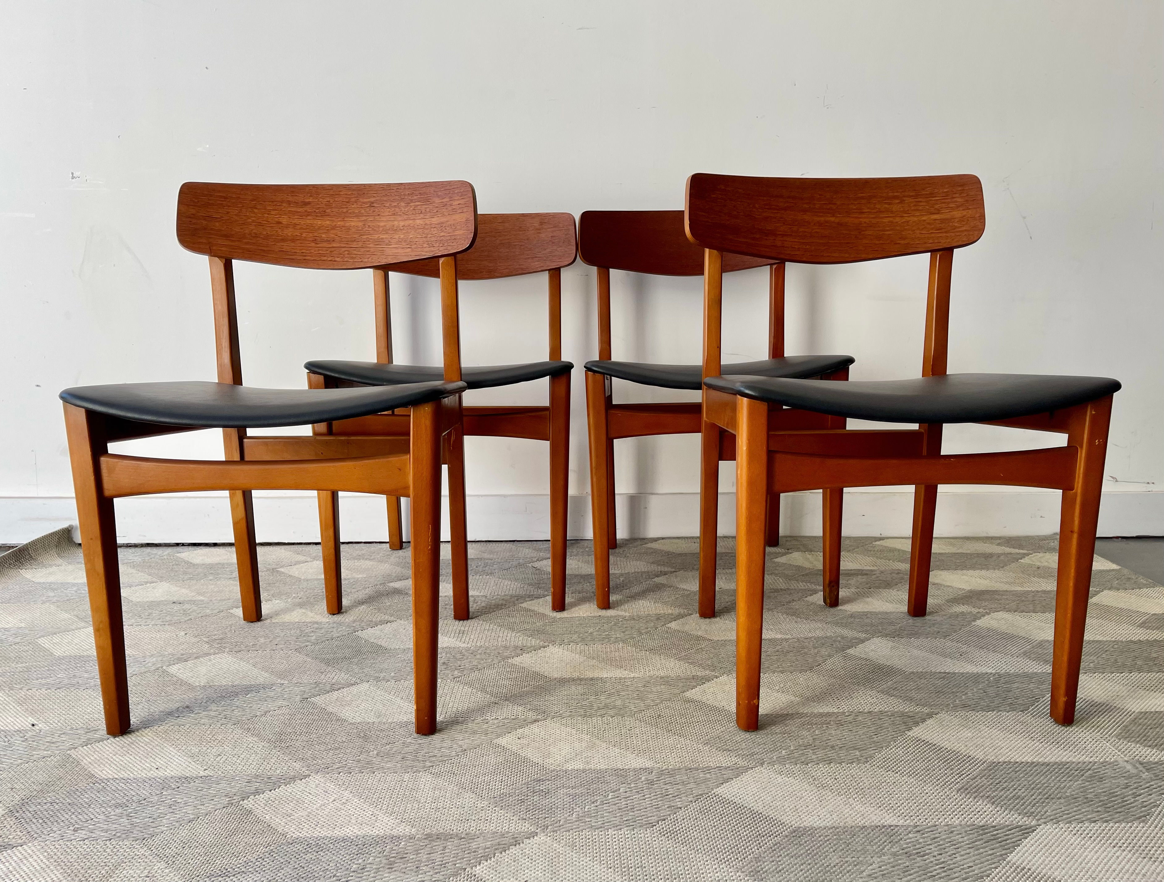 Set of 4 Vintage Dining Chairs with Black Vinyl