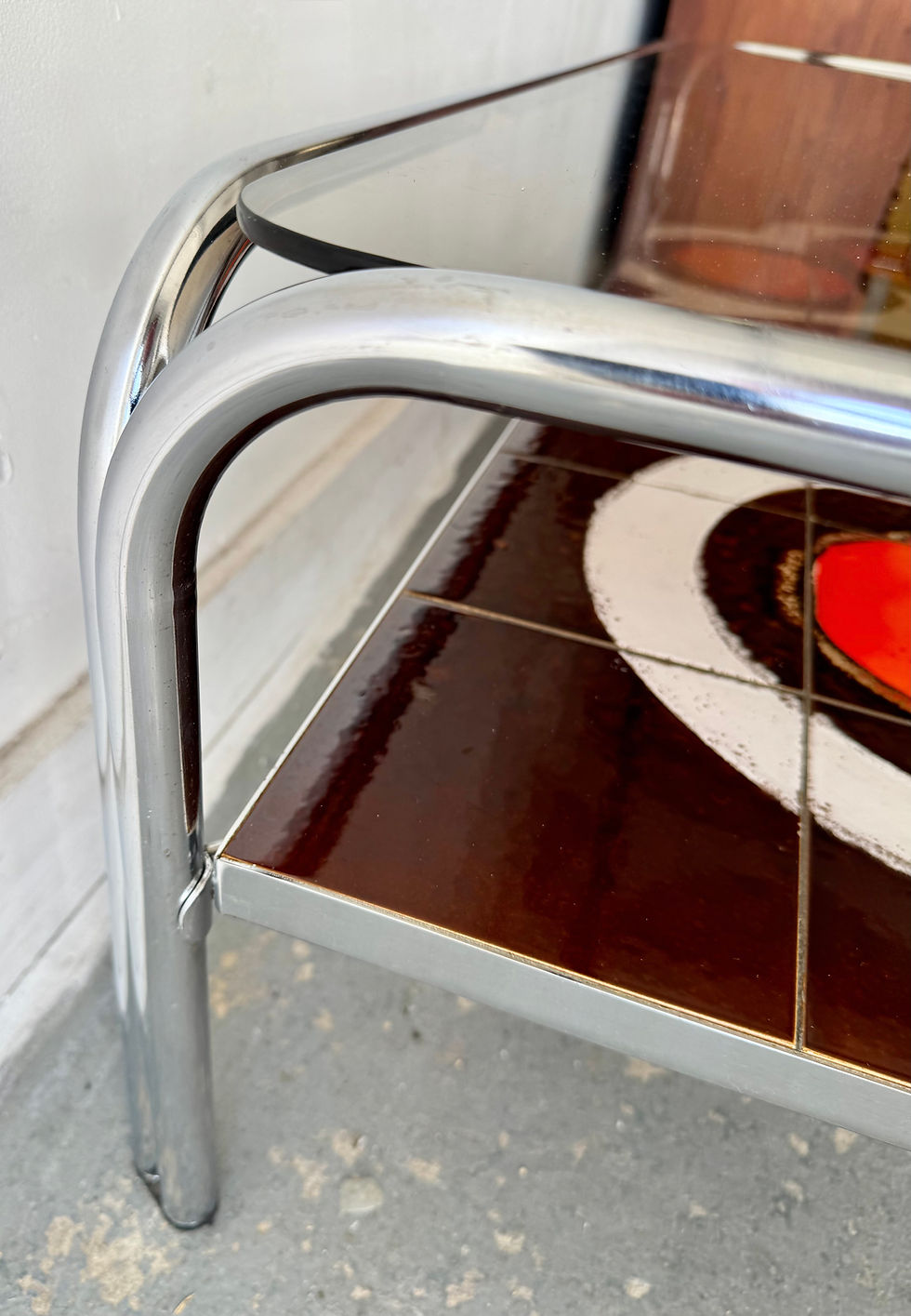 Thumbnail: Vintage Chrome Coffee Table with Smoked Glass & Ceramic Tile Shelf