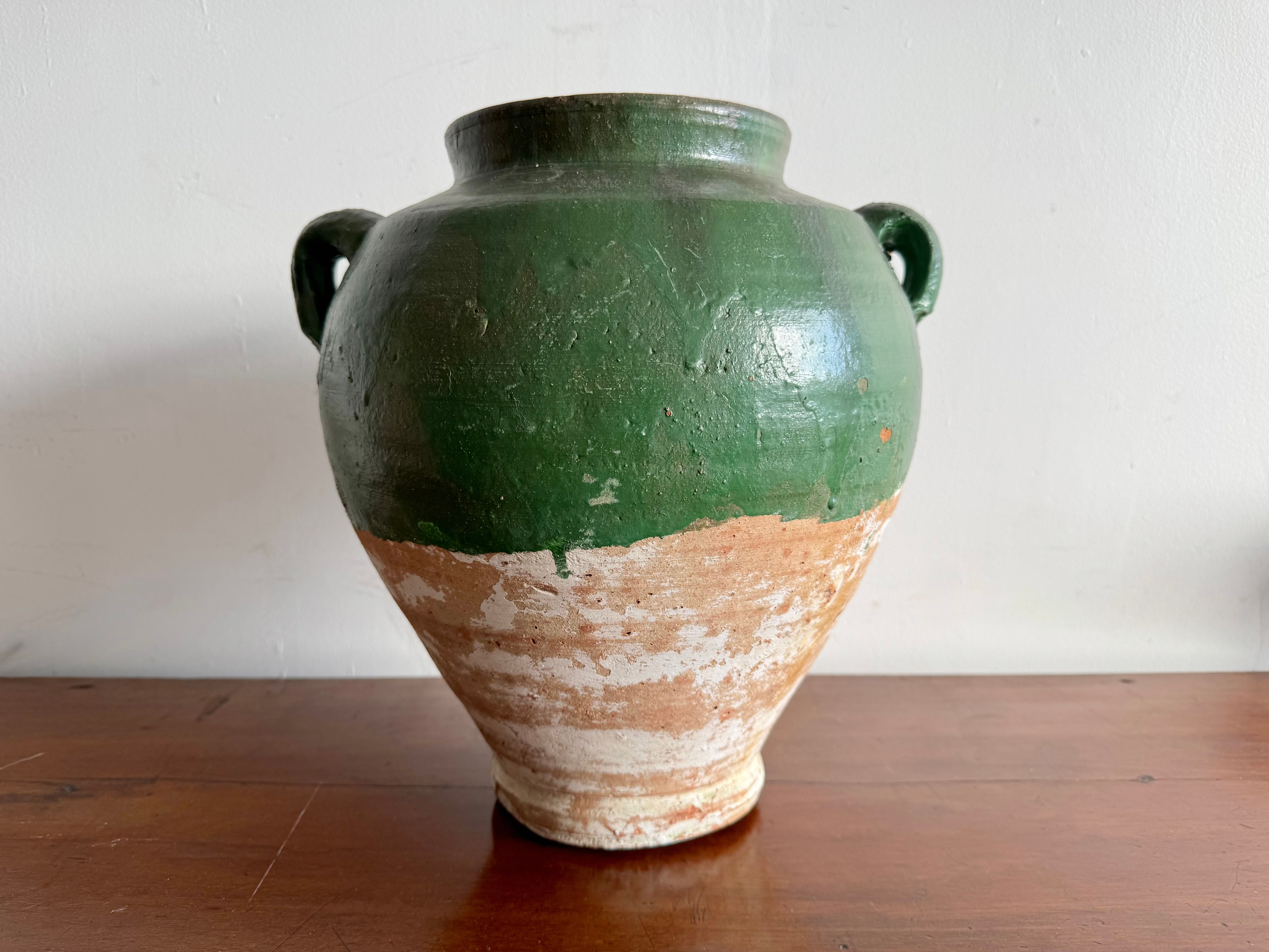 Vintage French Confit Pot Urn Green front