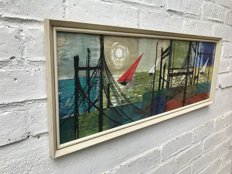 Miniature : Mid Century Abstract Painting of Seascape Boats #784