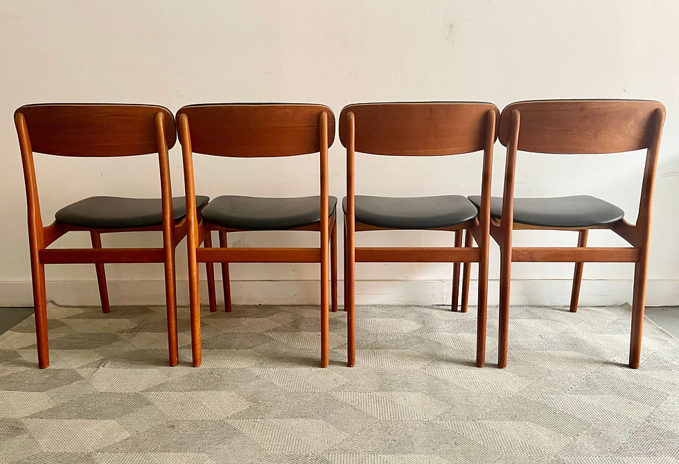 Miniature : Set of 4 Teak and Black Vinyl Dining Chairs