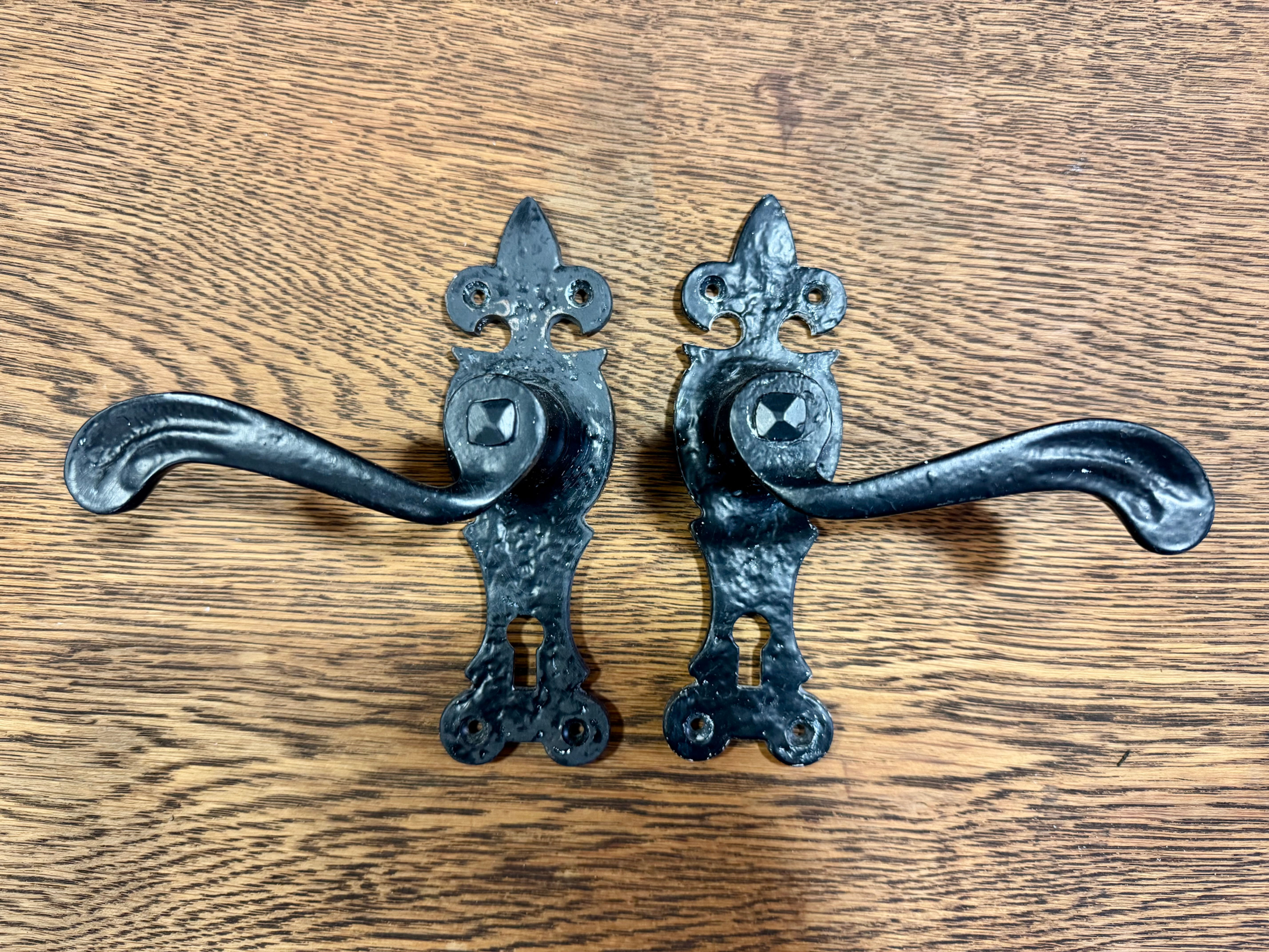 Pair of Antique Style Wrought Iron Black Door Handles