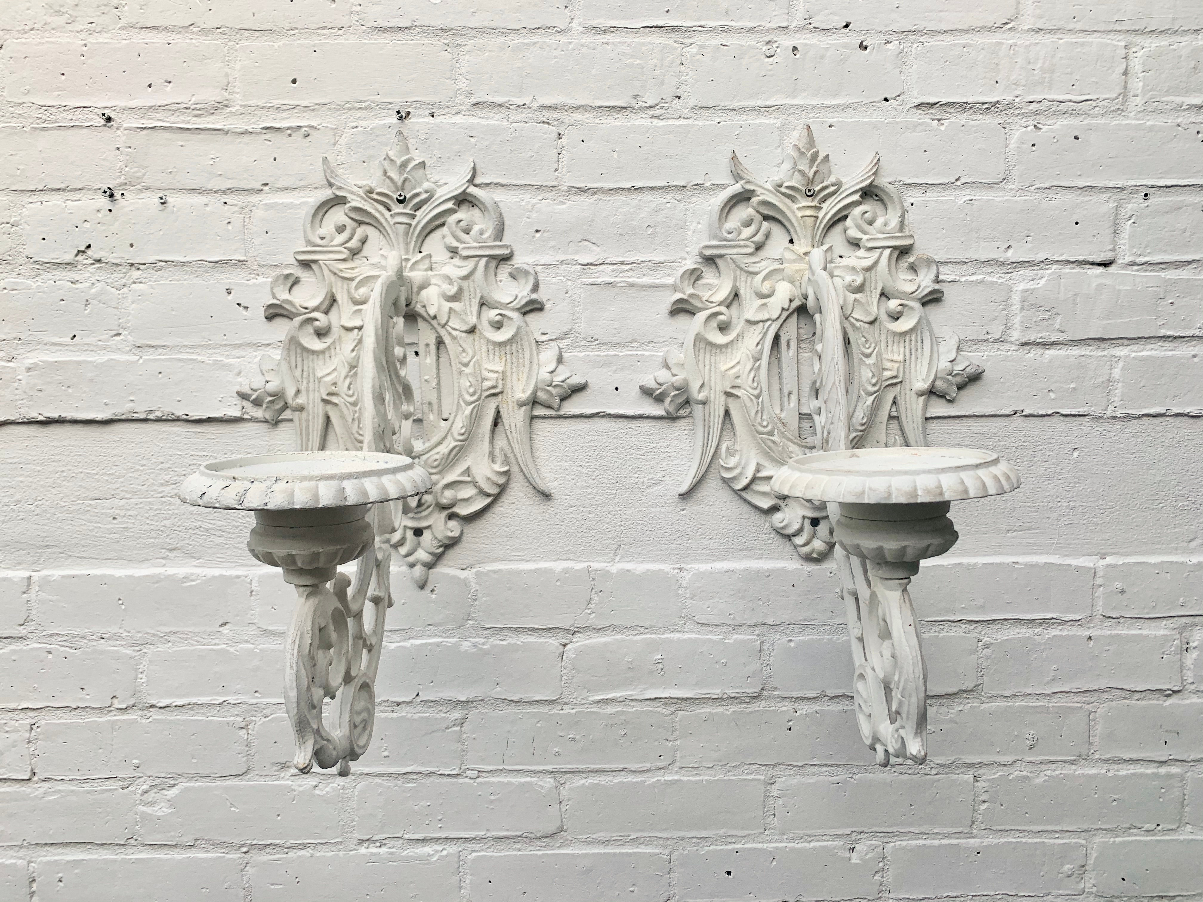 Pair of Antique Cast Iron Wall Candle Holder Sconces front