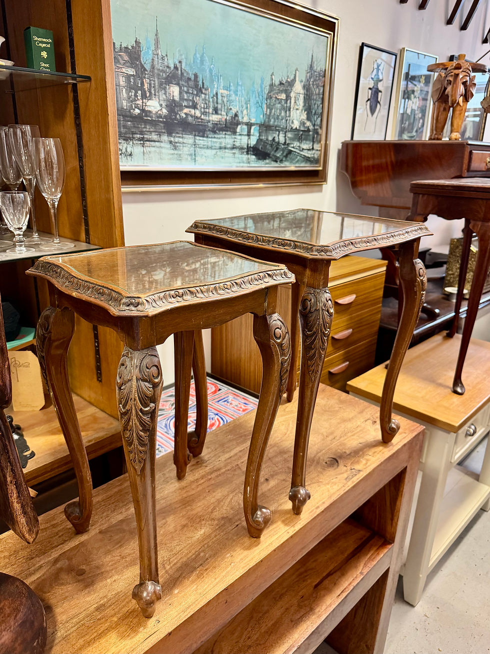 Miniature : Pair of Vintage Wooden Nesting Tables with Glass Tops & Cabriole Legs