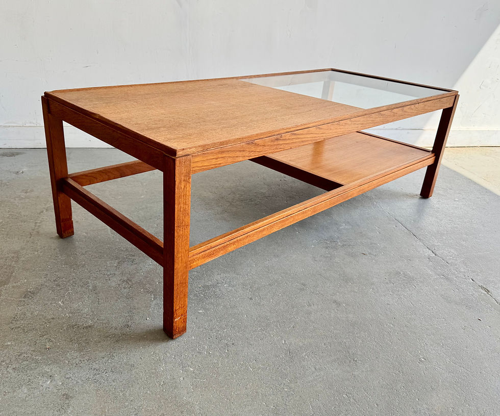 Miniature : Large Vintage Teak Coffee Table with Glass Top fornt corner