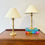 Miniature : Vintage Pair of Brass Table Lamps with White Shades