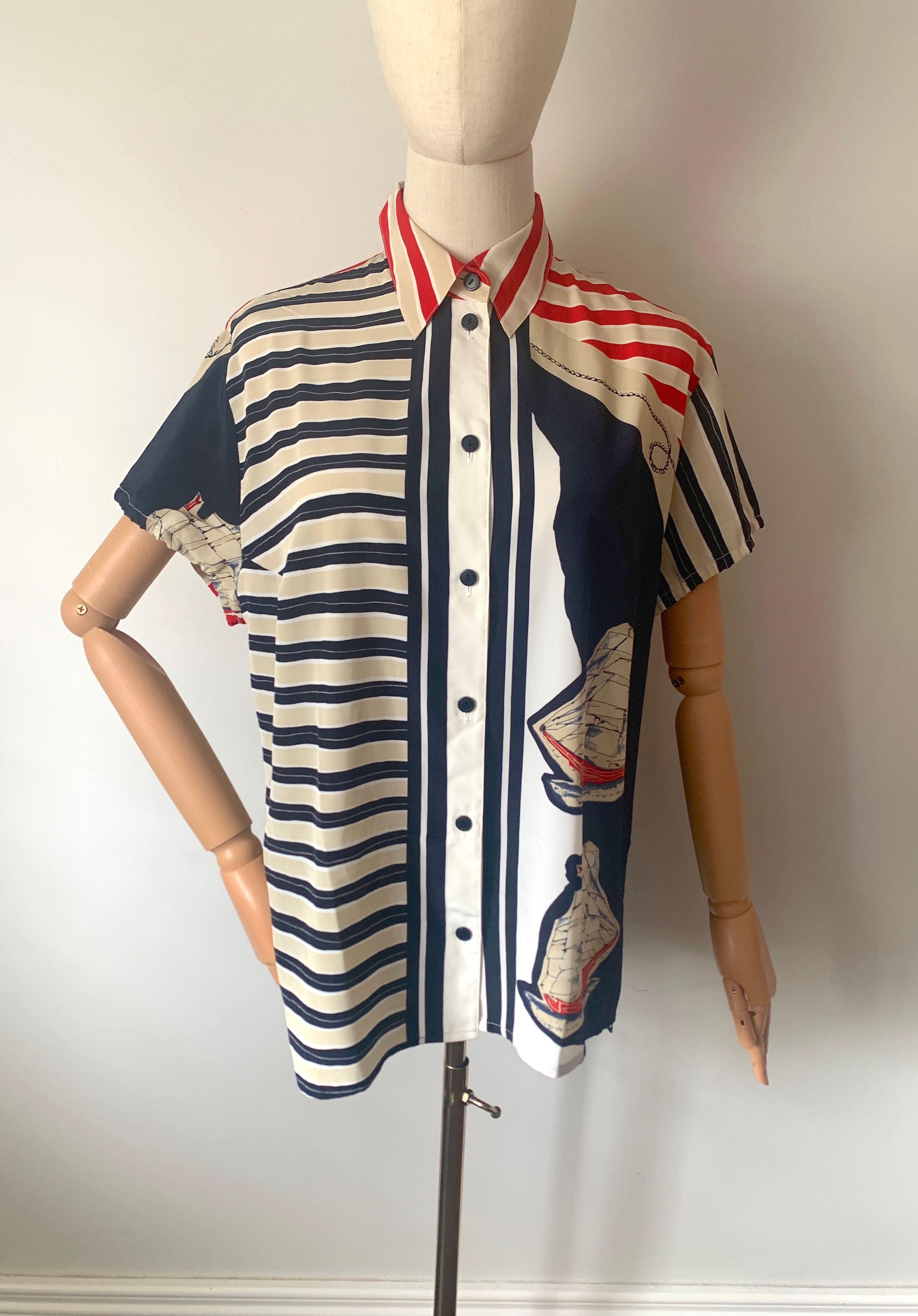 Vintage Nautical Print Button Up Blouse