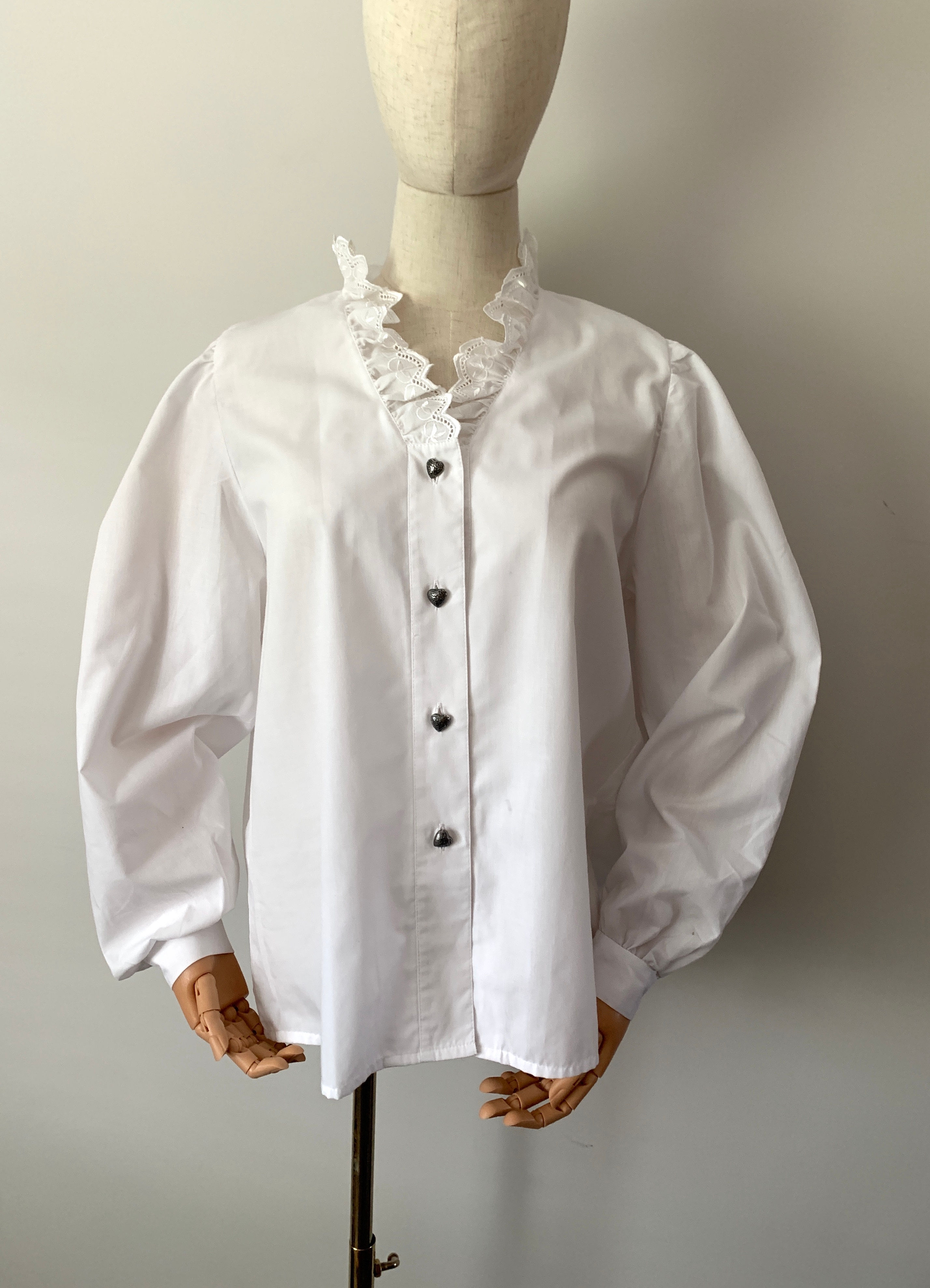 Vintage Austrian Ruffle Neck Blouse with Hearts Buttons