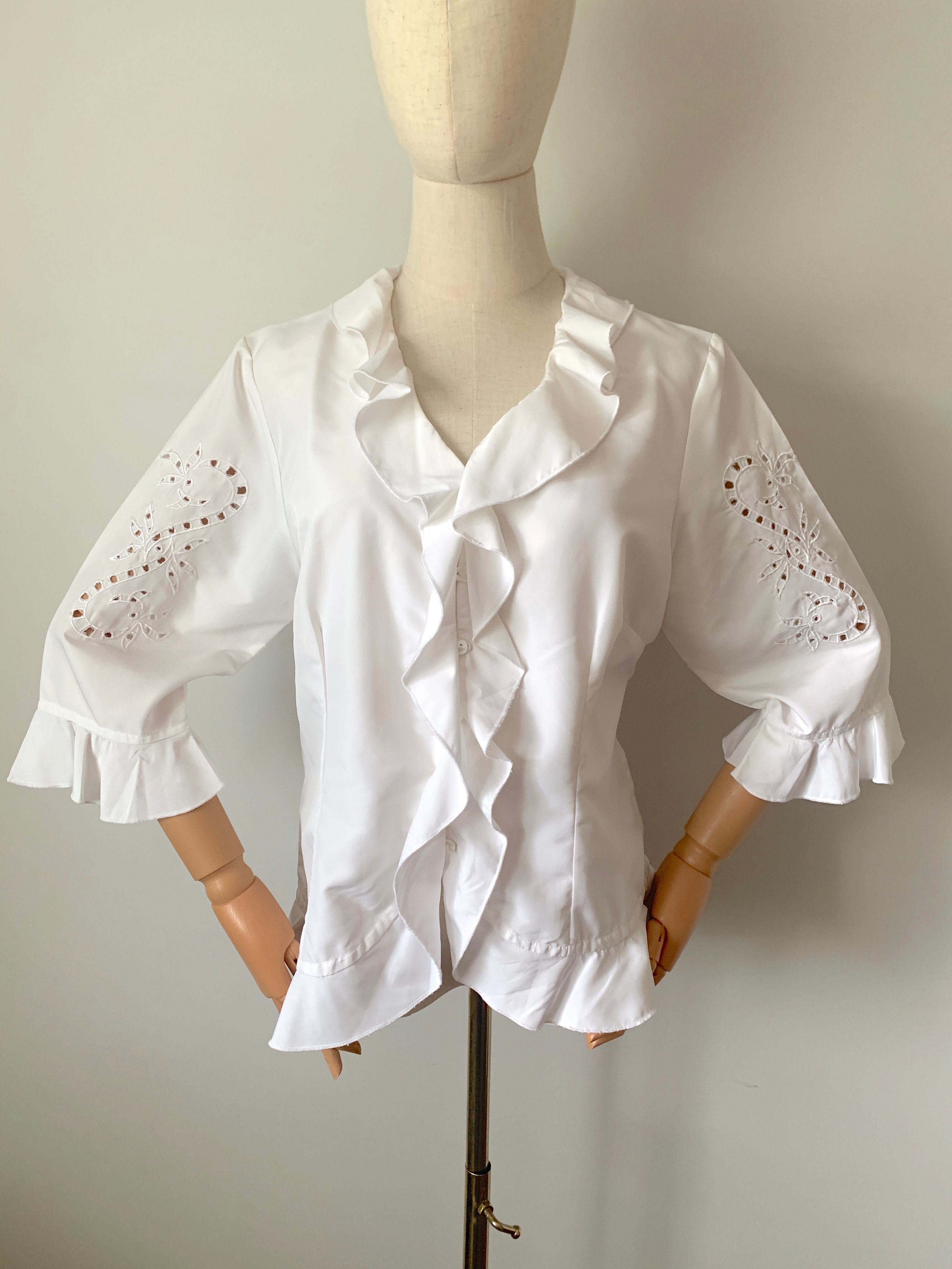 Vintage Ruffle Blouse with Cutwork Embroidery