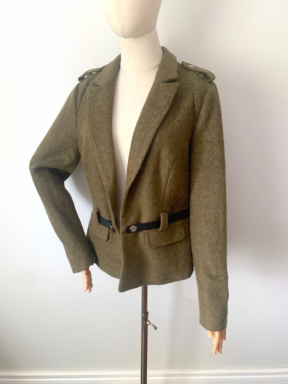Thumbnail: Vintage Military-style Forest Green Wool Blazer with Belt Detail