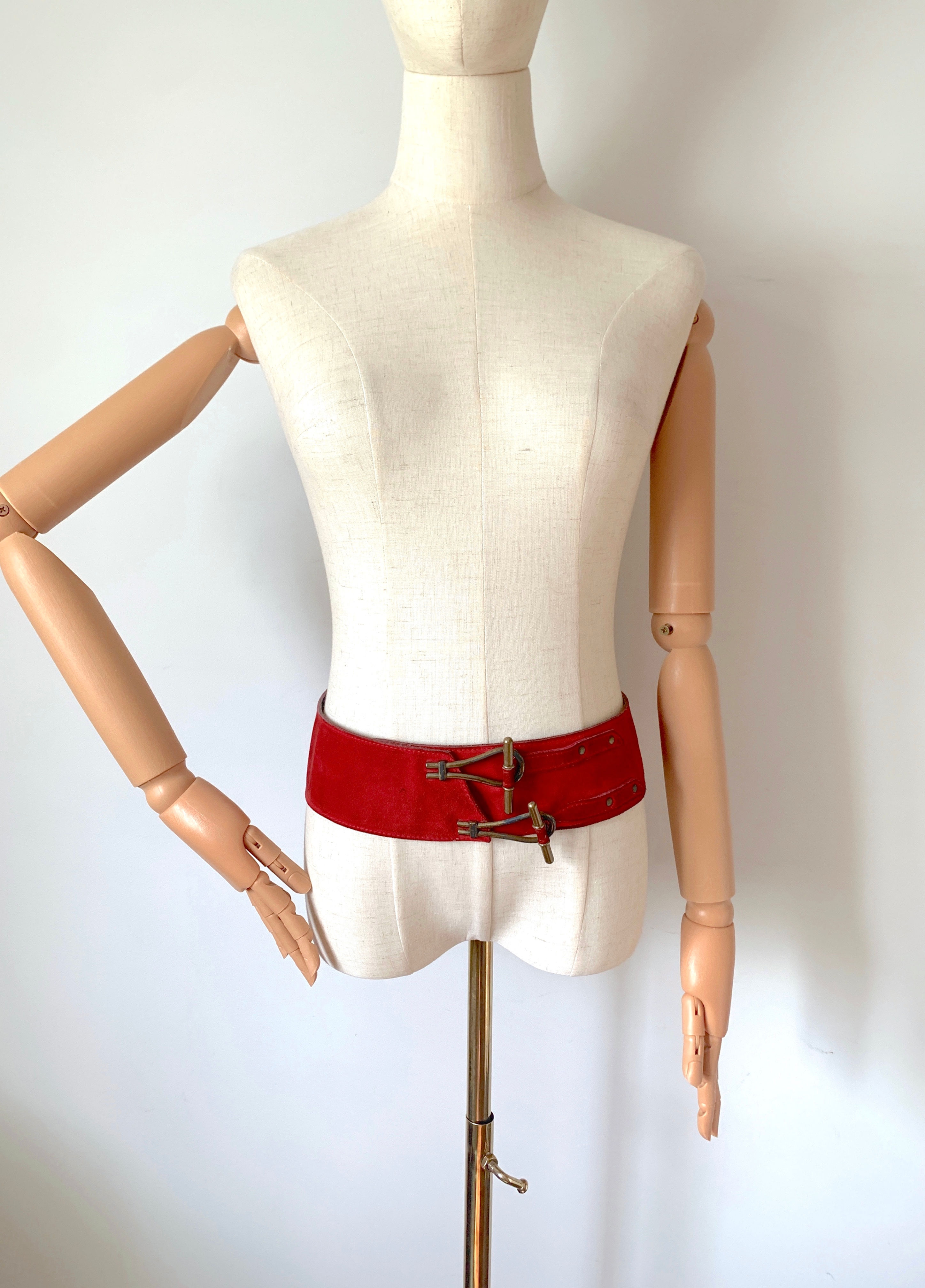 Vintage Genuine SUEDE Red Statement Belt with Brass Hardware