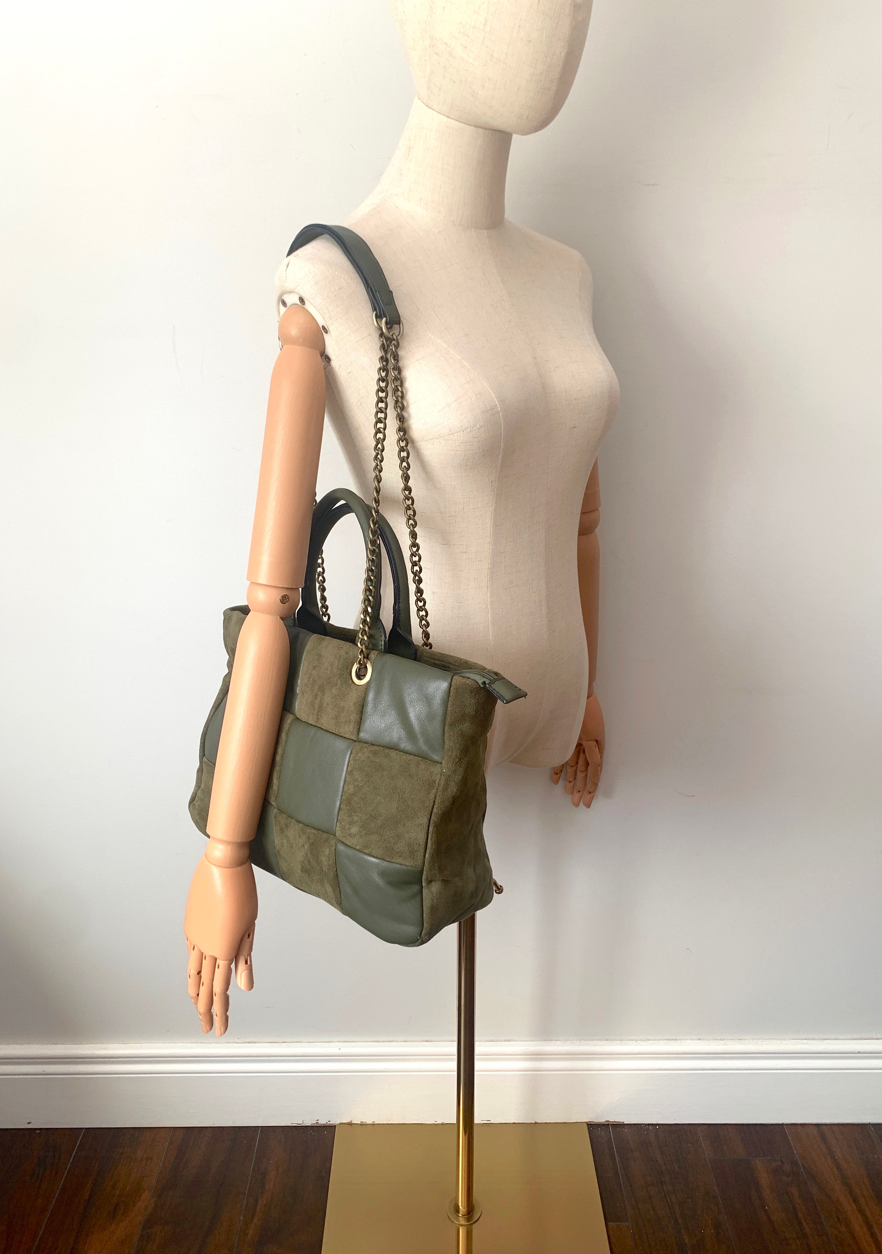 Vintage Shoulder Bag in Forest Green Leather & Suede