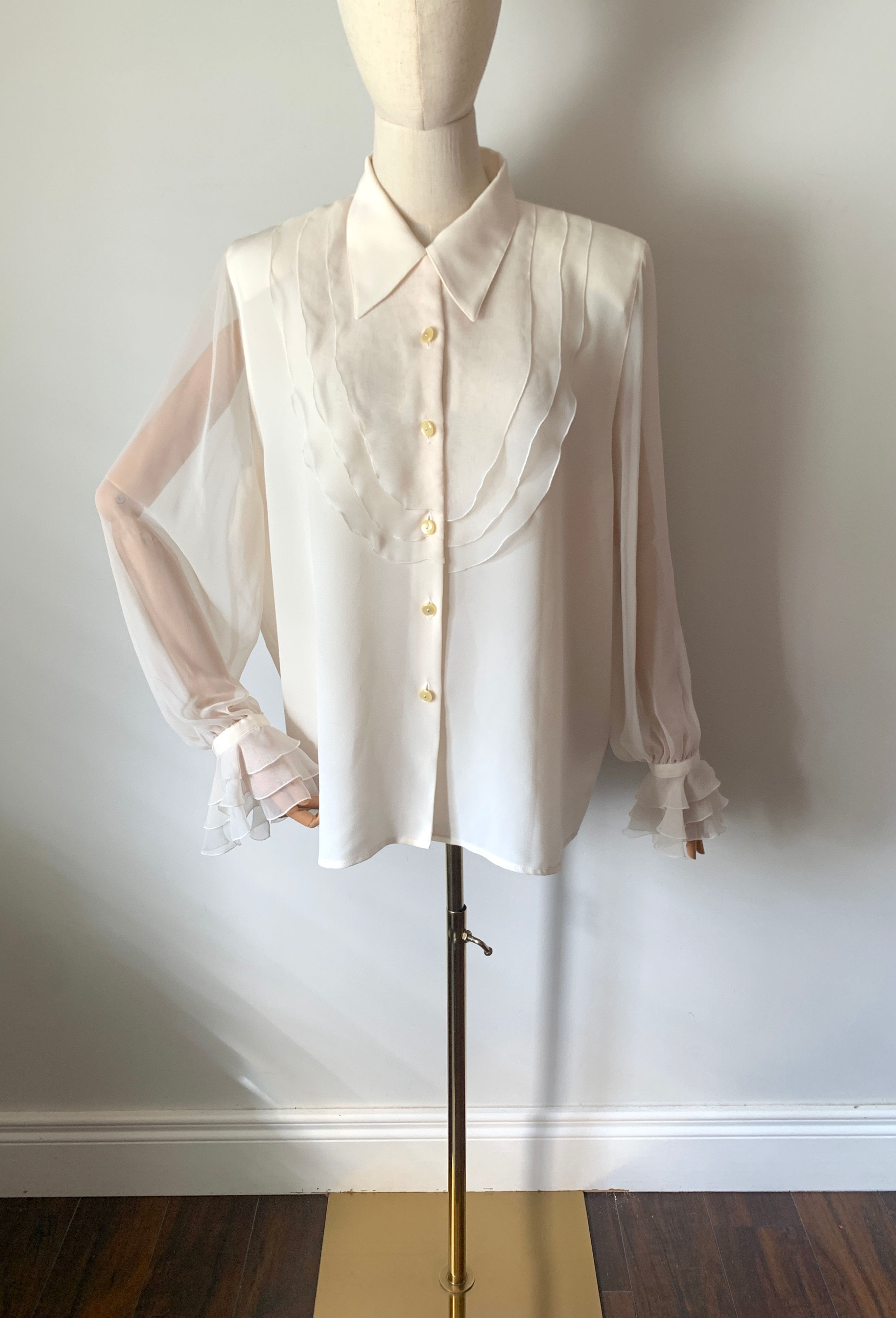 French Vintage Ivory Blouse with Ruffle Cuffs