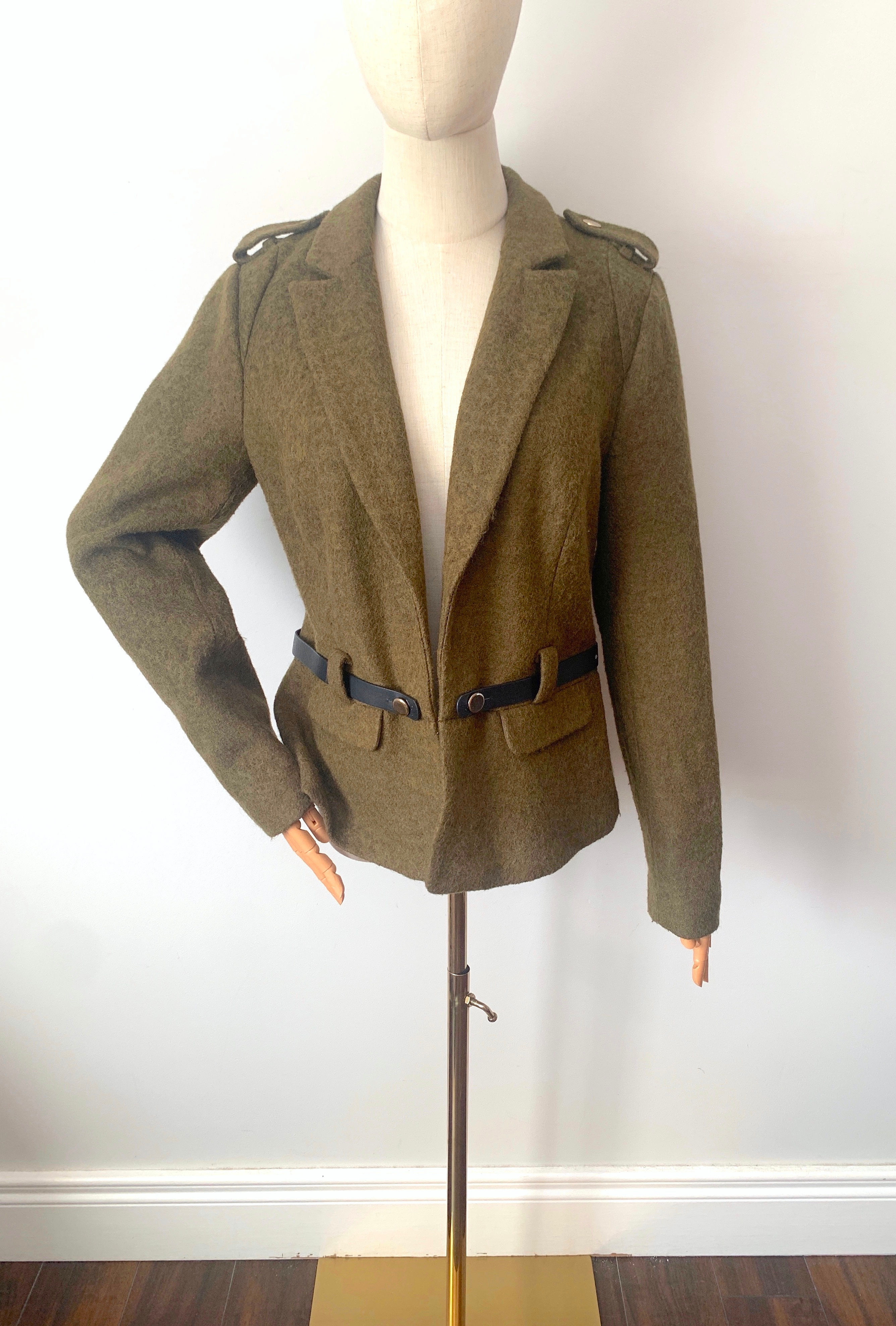 Vintage Military-style Forest Green Wool Blazer with Belt Detail