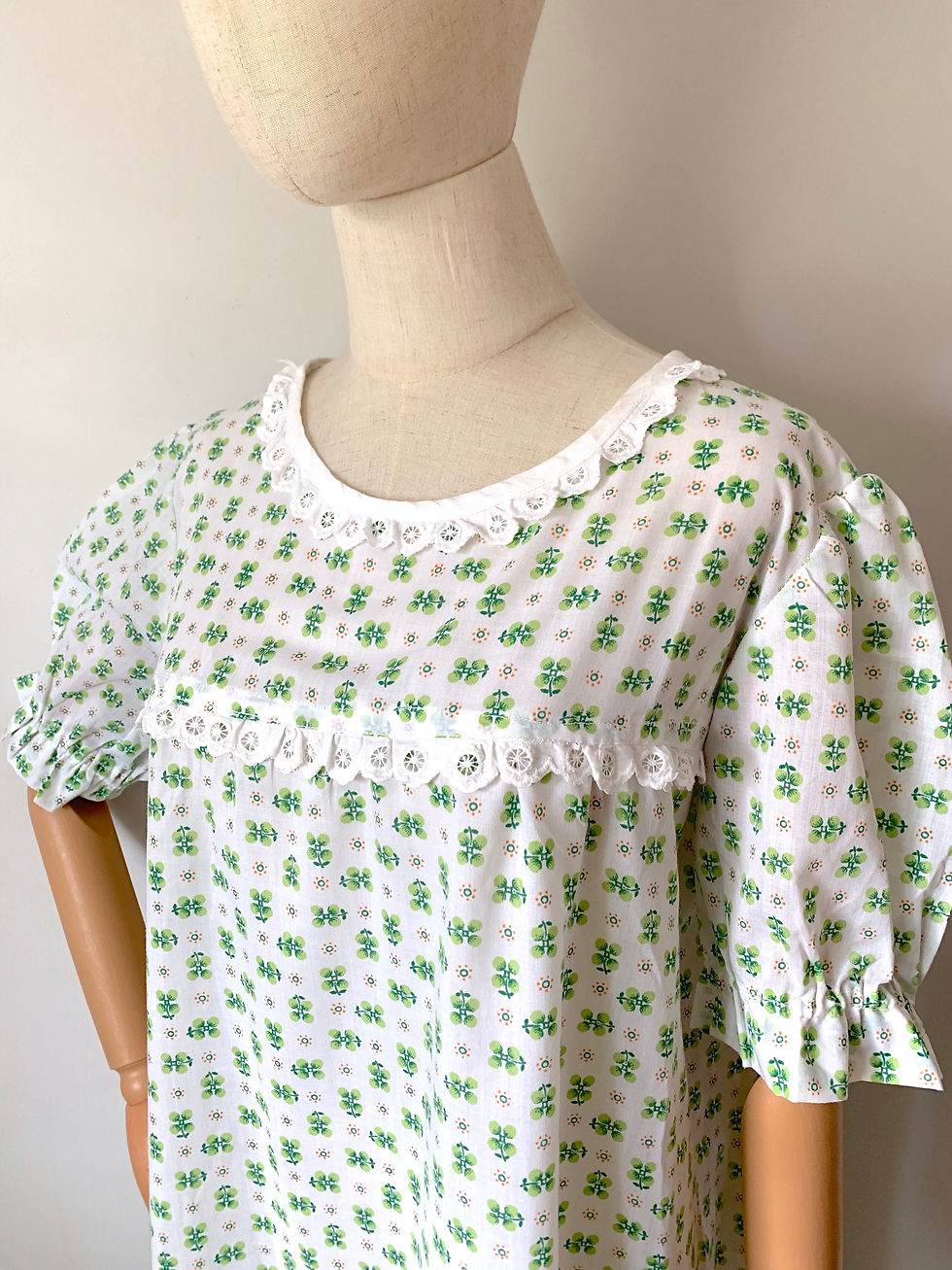 Thumbnail: RARE 1970s Vintage Shamrock Dress with Puff Sleeves