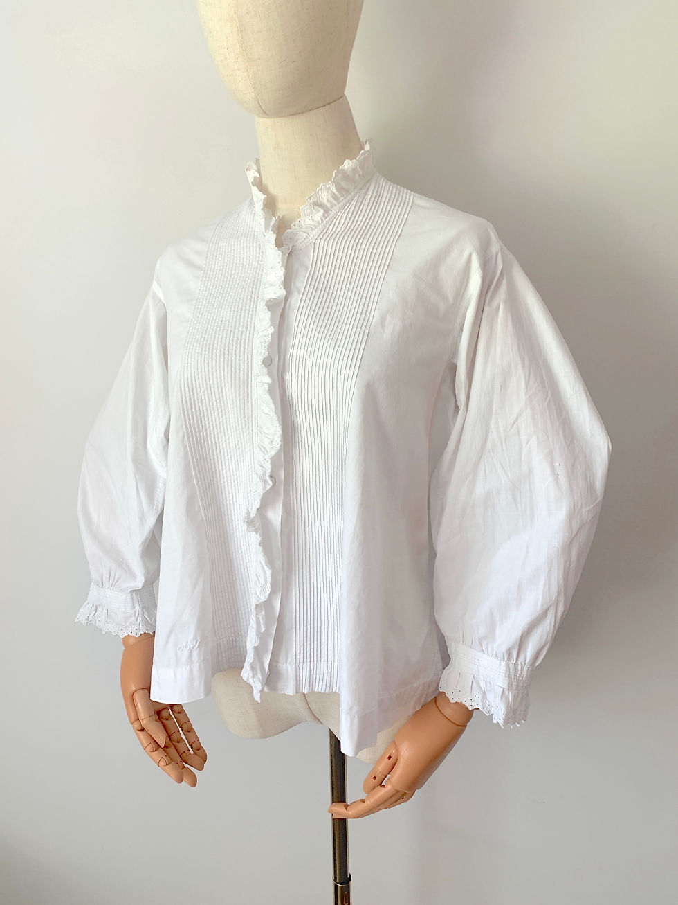 Thumbnail: RARE French Antique Pure Cotton V Neck Pintuck Blouse with Monogram