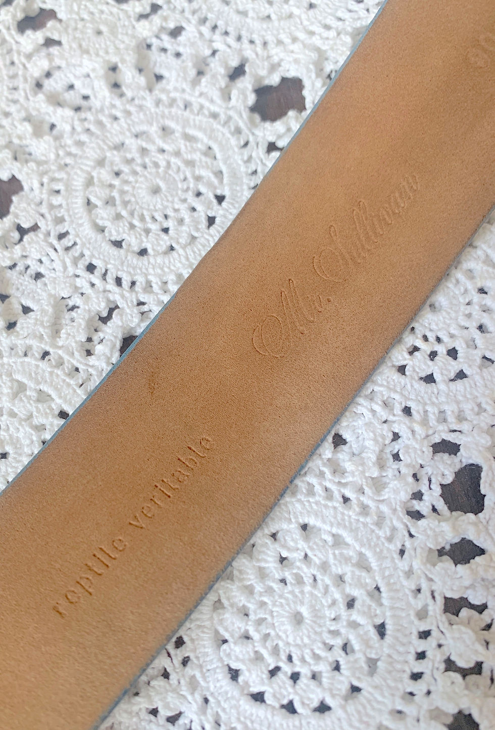 Thumbnail: RARE French Vintage Genuine Leather Reptile Belt with Metal Buckle