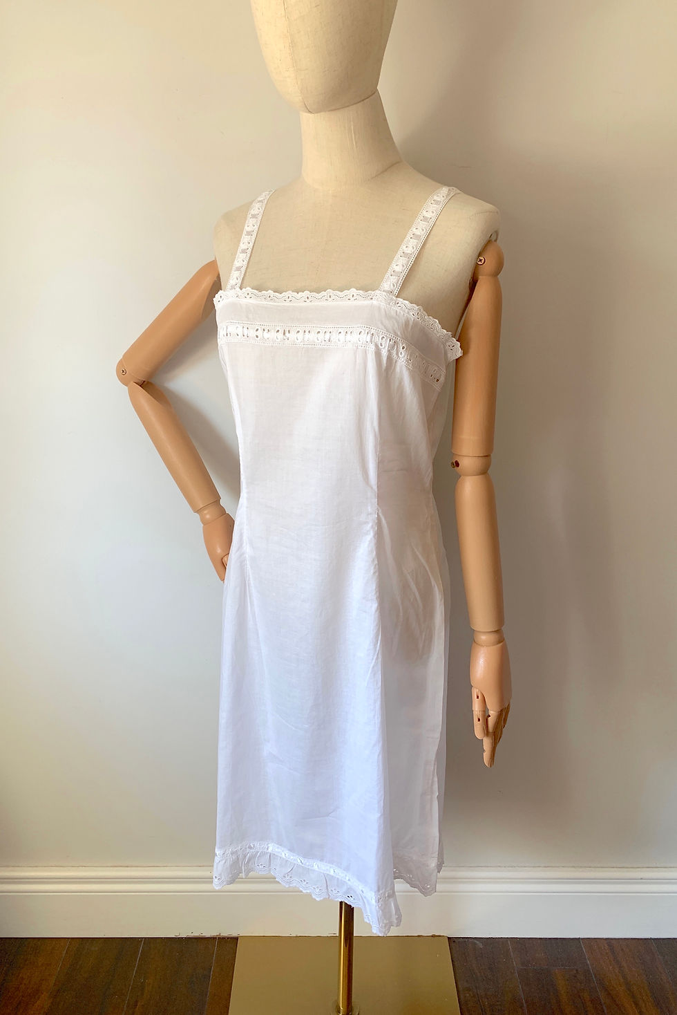 Thumbnail: French Vintage Pure COTTON Fitted Slip Dress with Broderie
