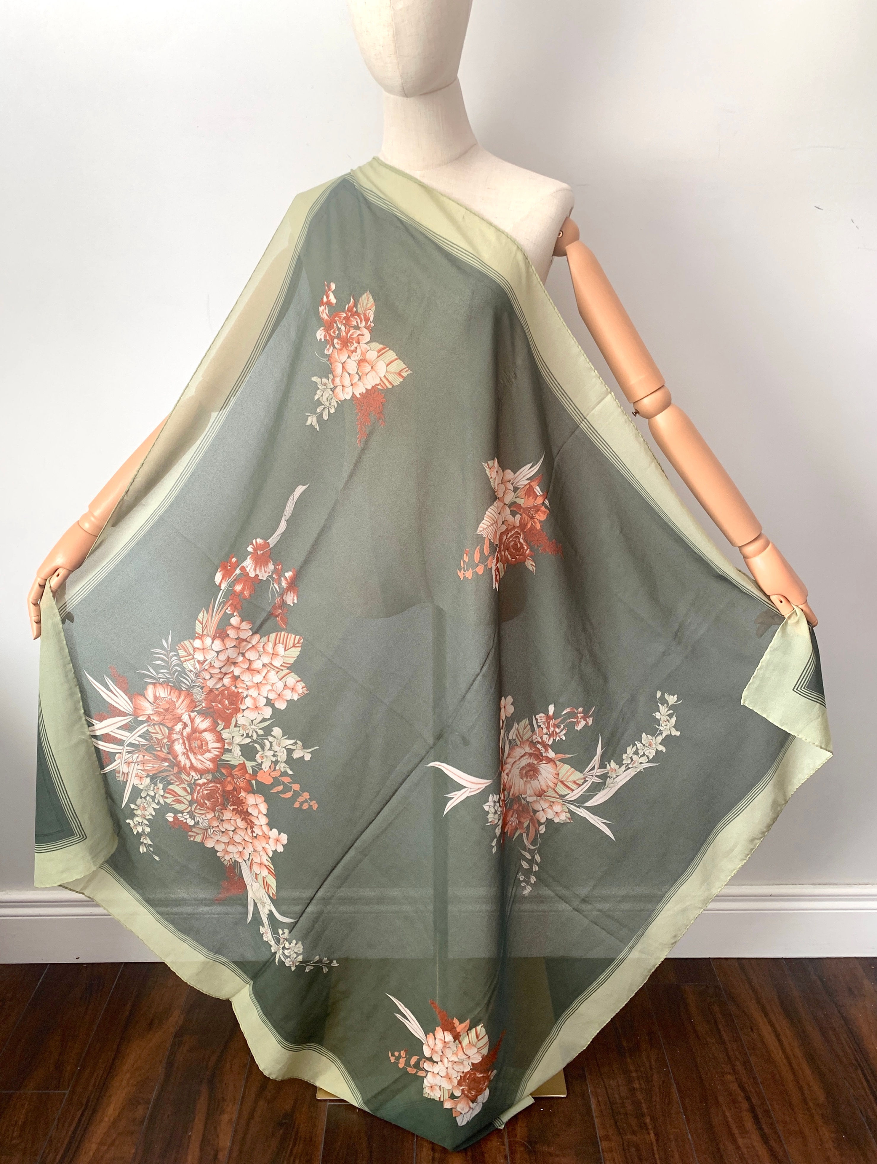 Vintage Sage Green Oversize Floral Foulard