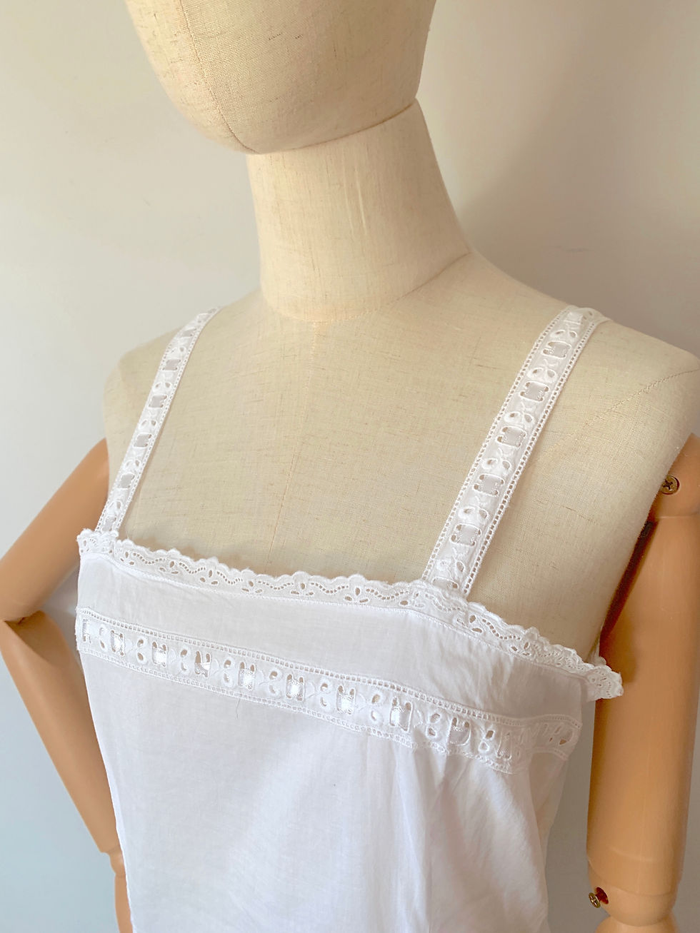 Thumbnail: French Vintage Pure COTTON Fitted Slip Dress with Broderie