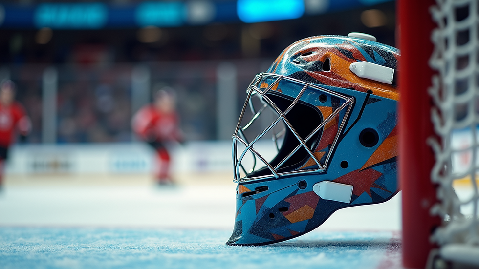 Eye-level view of a goalie mask with vibrant geometric patterns