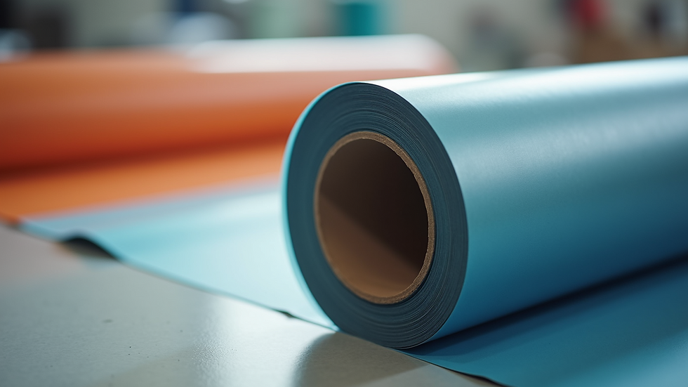 Eye-level view of a vinyl wrap roll with various colors and textures