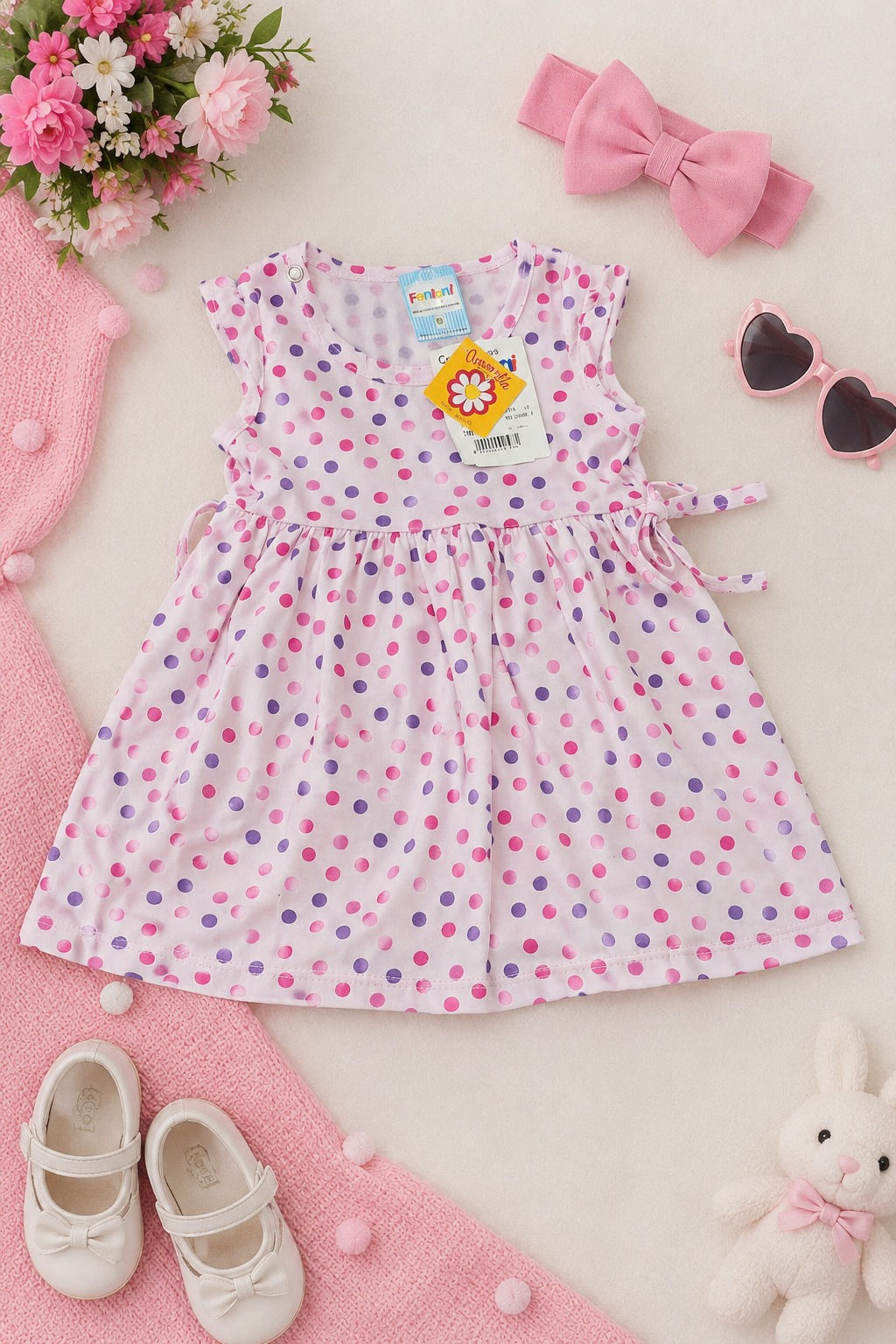 Vestido Rosa com Bolinhas Vintage - Feminino