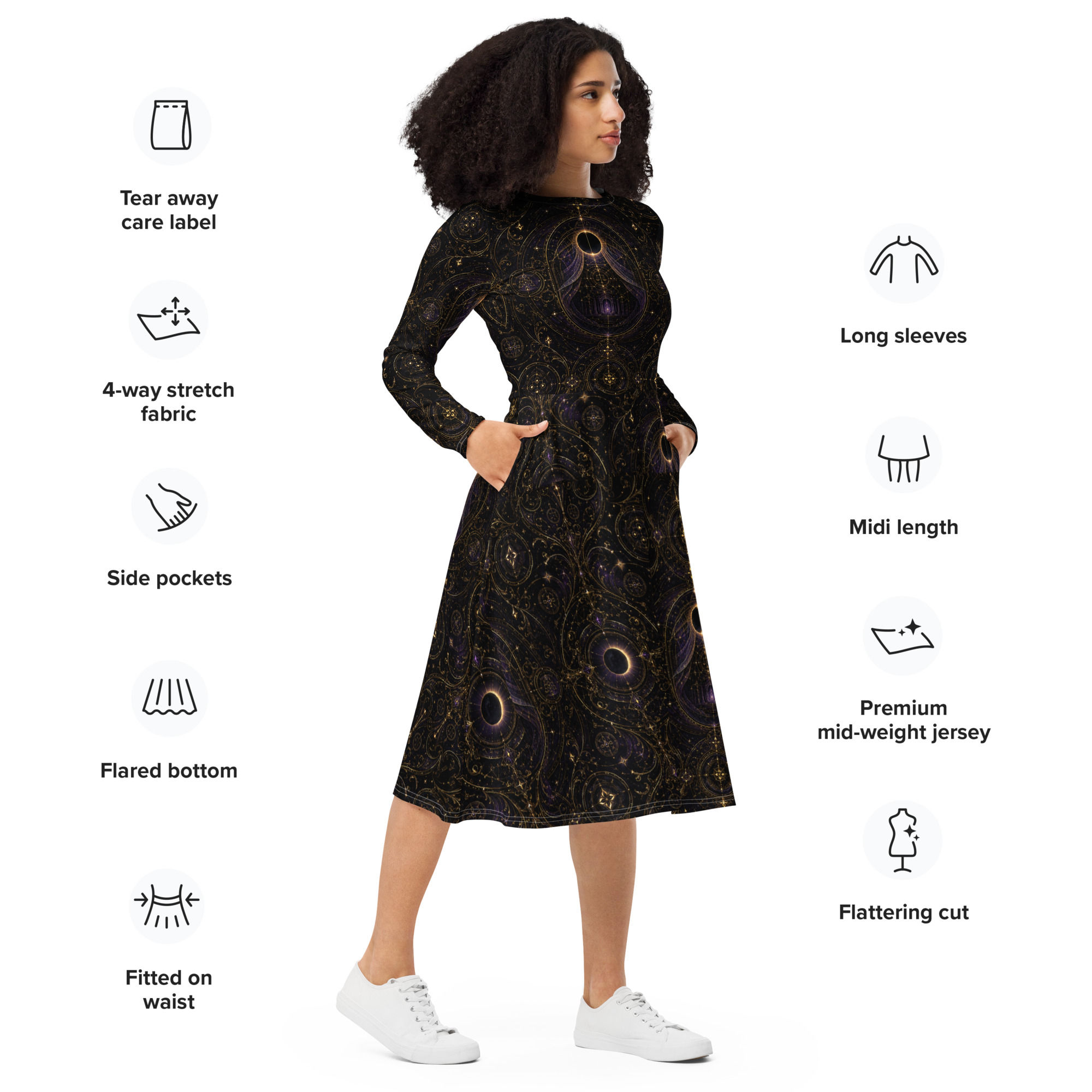 The Aurealia Noctra/Nocturva All-over print long sleeve midi dress