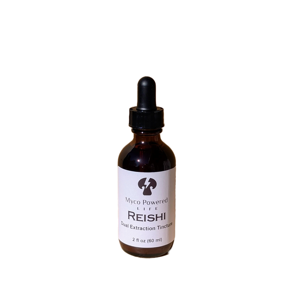 dropper bottle with a white label that reads reishi