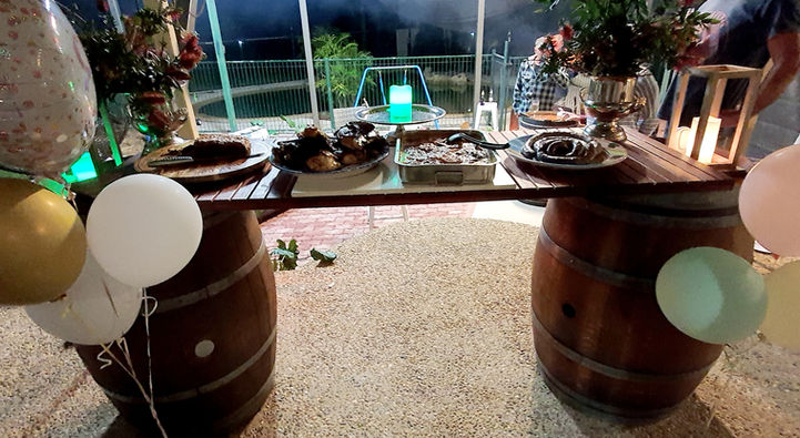 barrel bar serving and charcuterie table