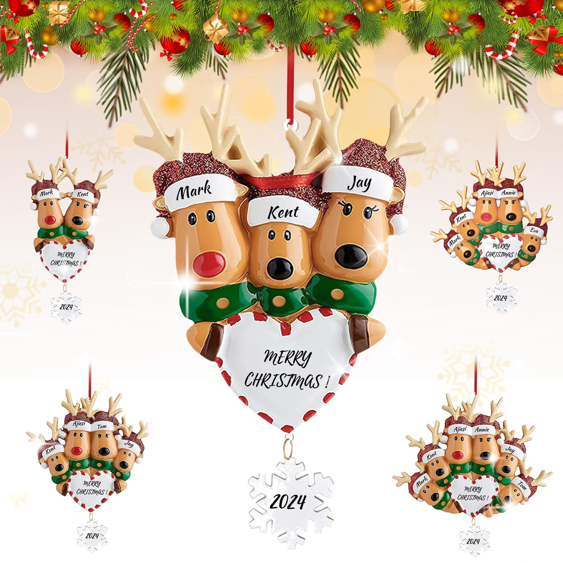 Personalized Heart Reindeer Christmas Ornaments 2024 - Custom Resin Elk Deer Orn