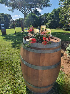 flowers on oak wine barrel