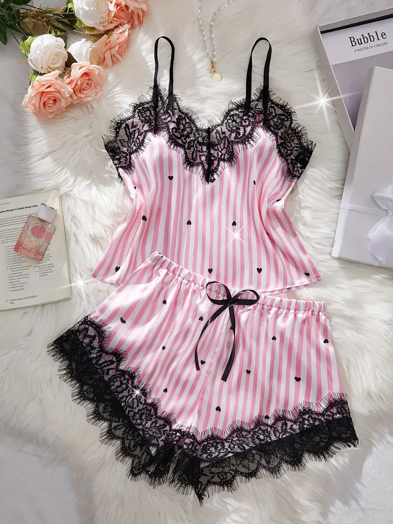 Thumbnail: Conjunto de Pijama Feminino de Verão em Seda Cetim com Decote em V, Renda Sexy e