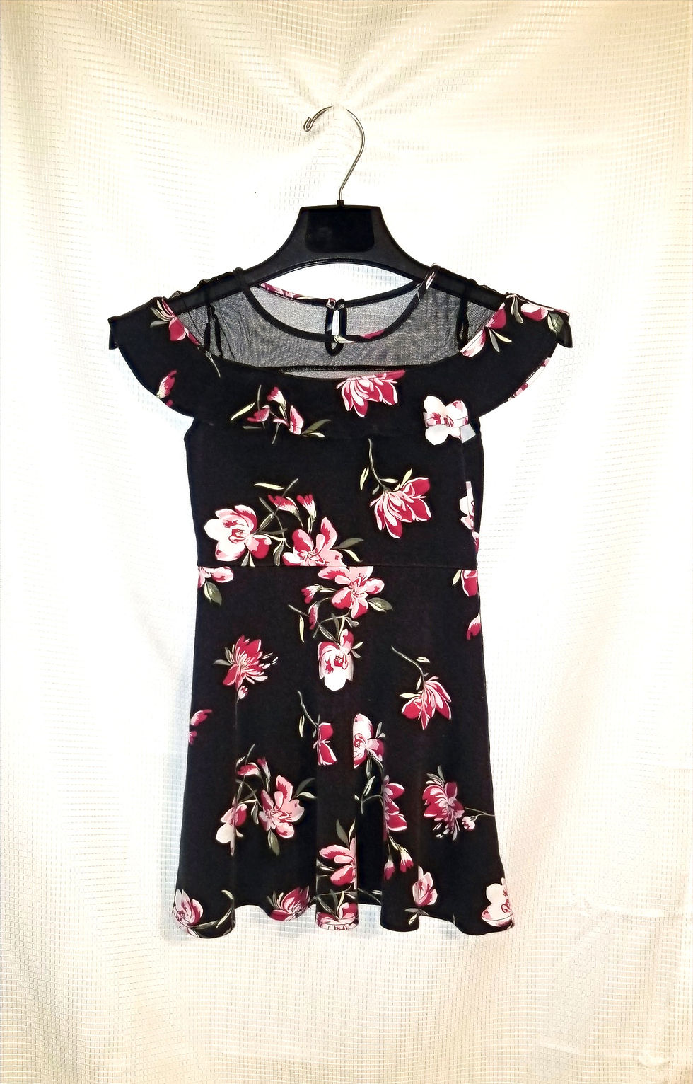 Black Flower Dress With Mesh Peplum Hem Collar
