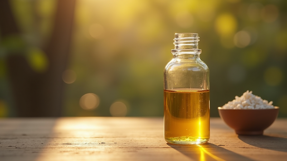 Close-up view of a small bottle of fresh anointing oil on a wooden table