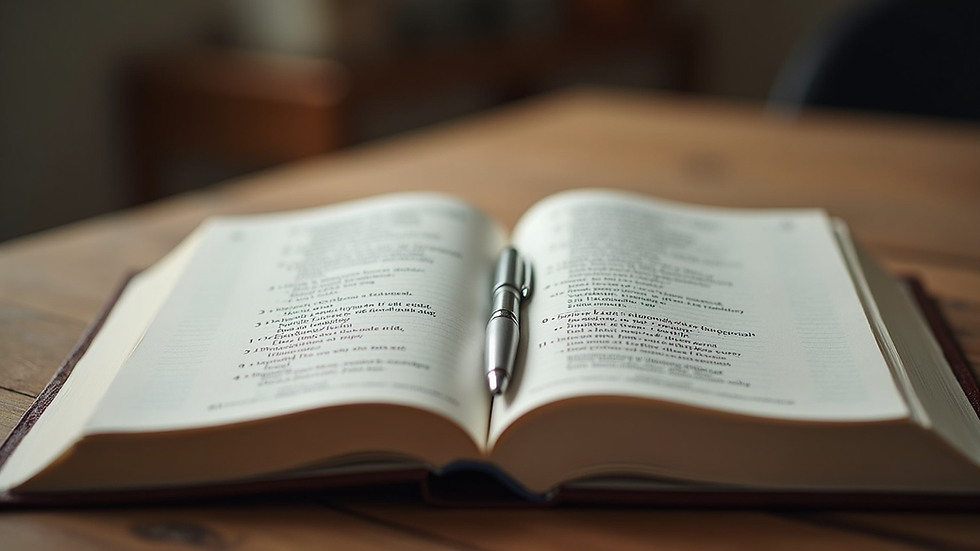 Close-up view of an open Bible with highlighted verses and a pen on a wooden table