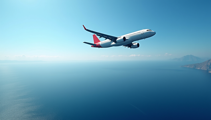 Wide angle view of A320 aircraft flying over the Mediterranean Sea