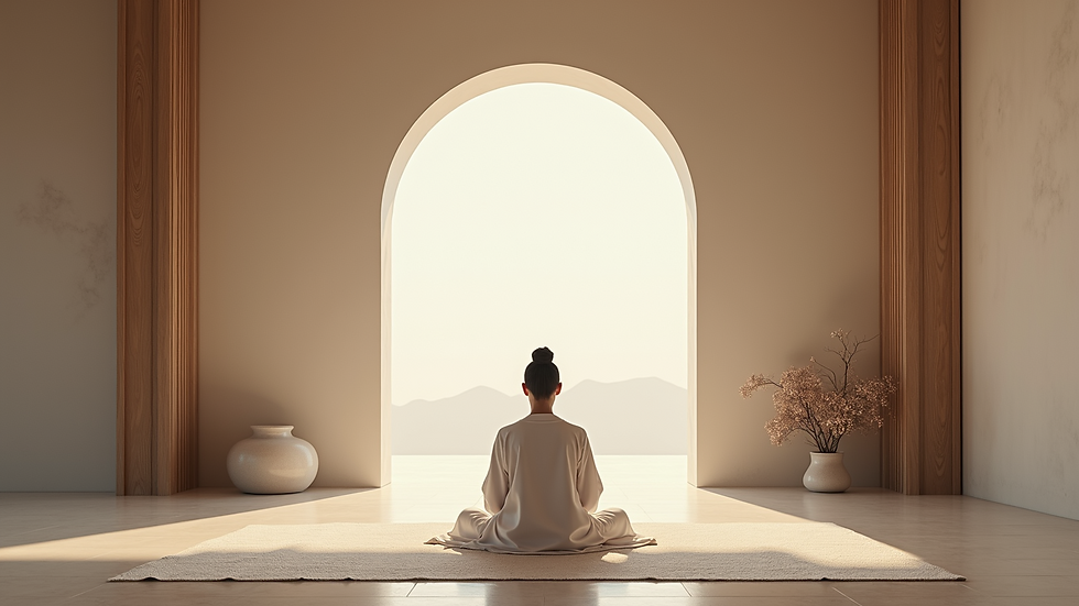 Wide angle view of a serene meditation space