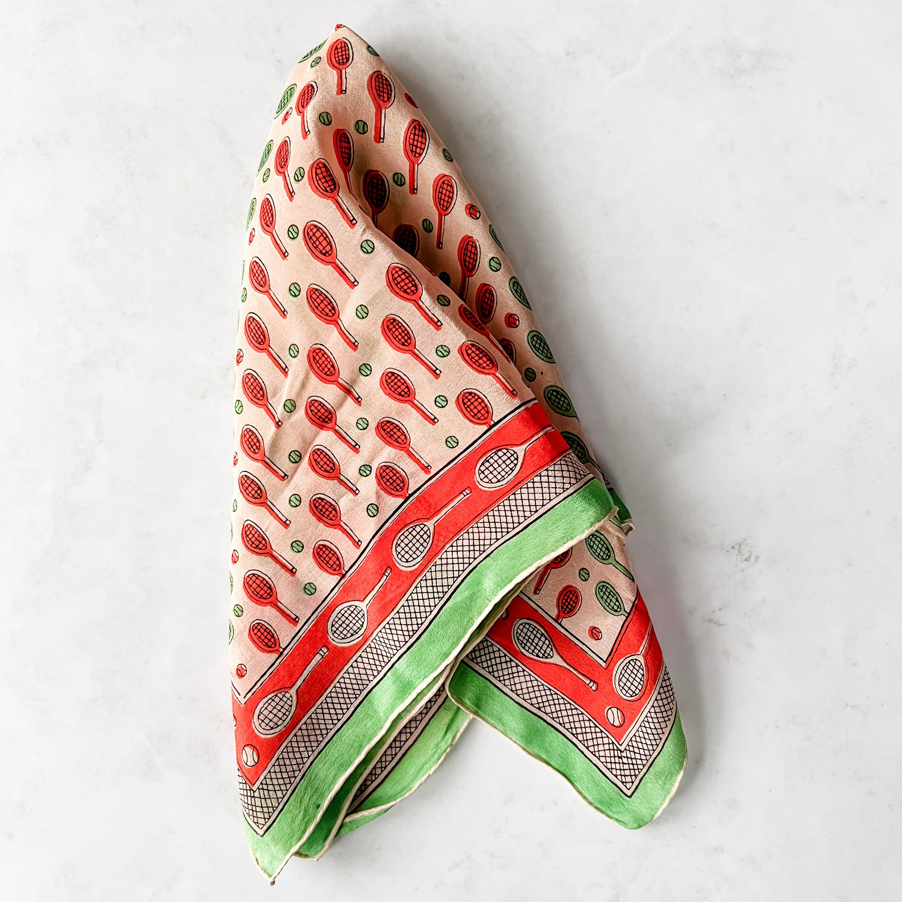 Vintage square cream tennis scarf with an orange red and green border