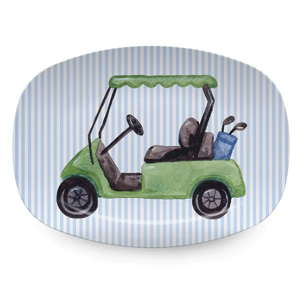 Blue and white striped serving platter with a green golf cart.  Watercolor design.