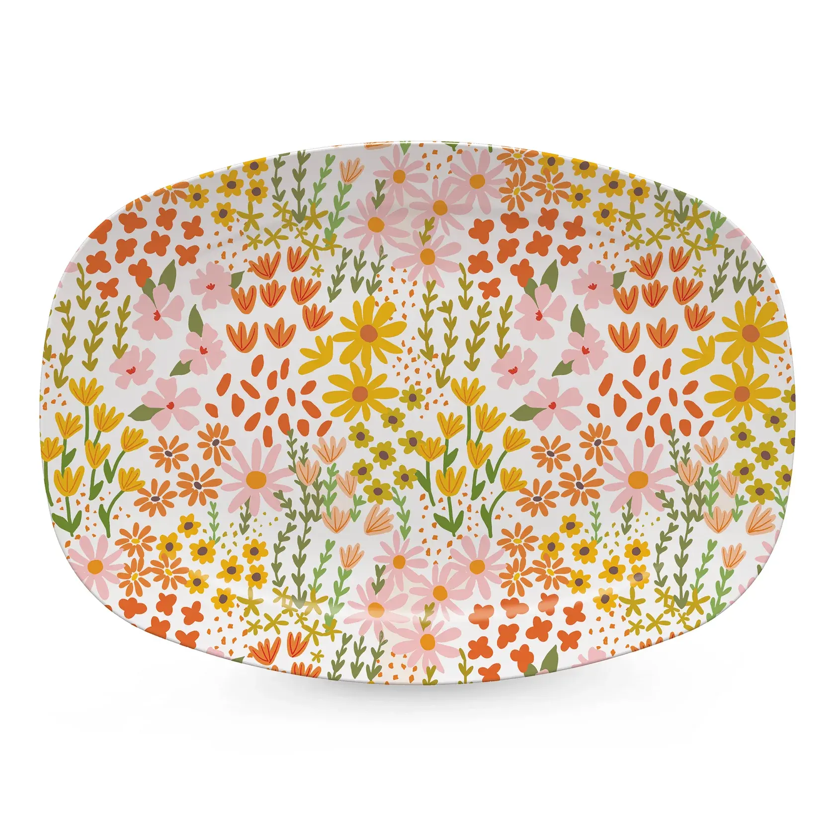 Serving platter with shades of yellow and orange flowers with green stems