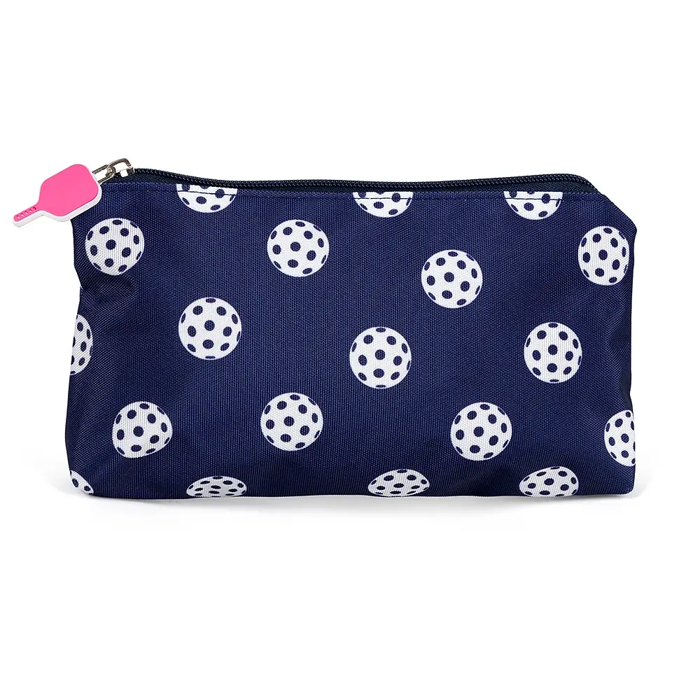 Navy Ame & Lulu everyday pouch with white pickleball print and pink paddle-shaped zipper pull