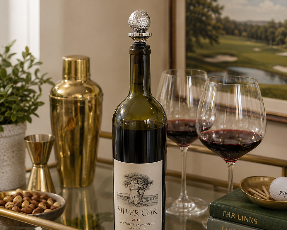 Lifestyle photo showing stopper in a wine bottle on a bar cart