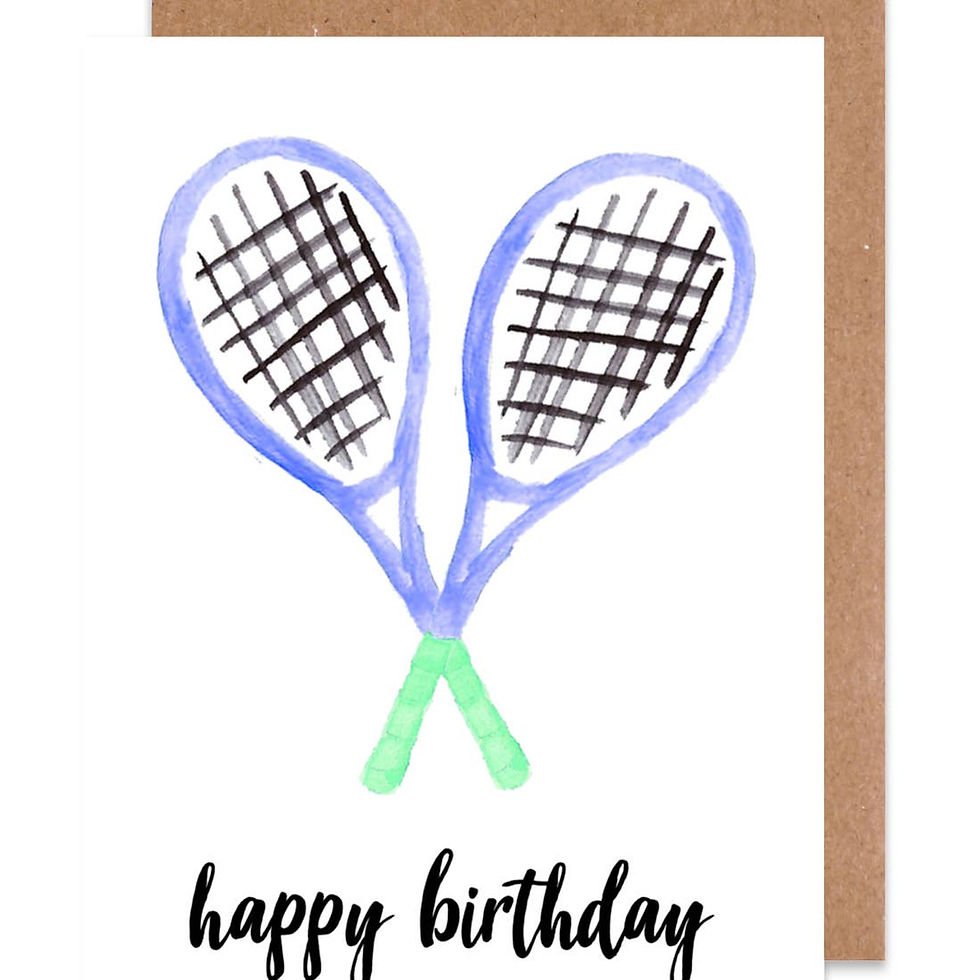 White vertical card with two watercolor blue rackets with Happy Birthday in cursive