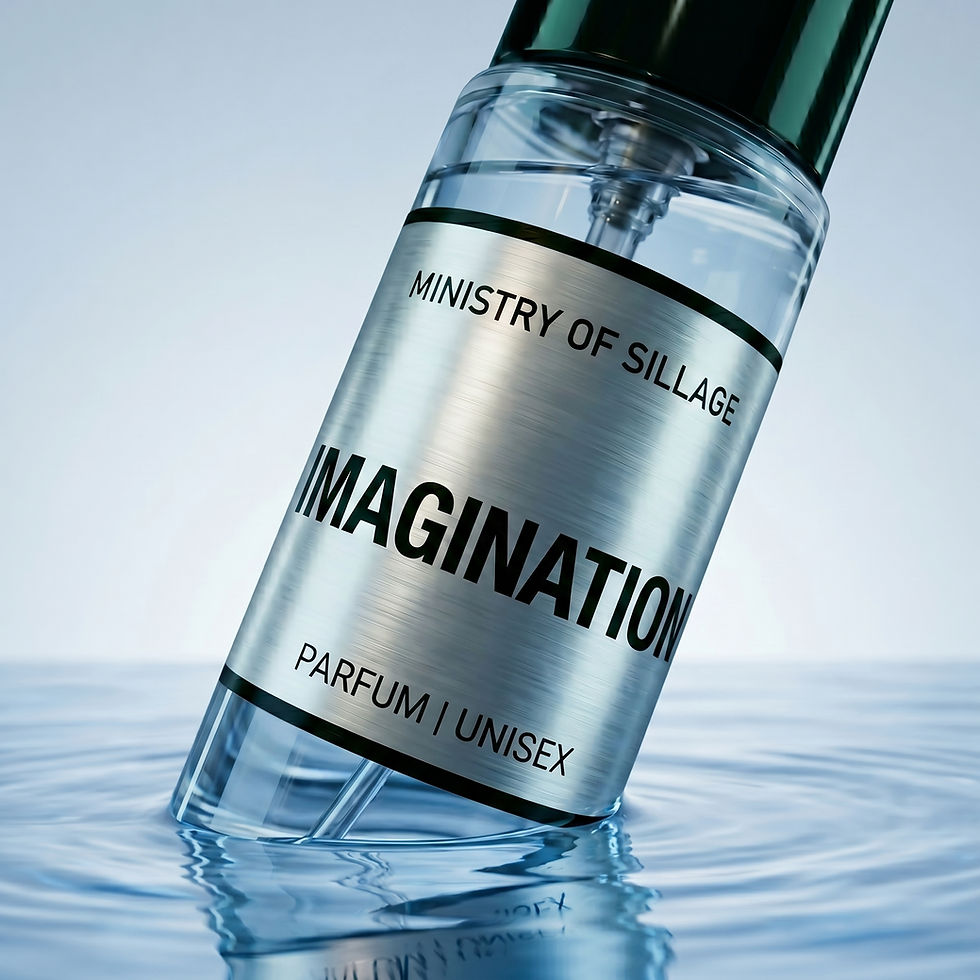 Close-up metallic label showcase of Project Imagination parfum with sleek silver detailing and refined unisex sophistication