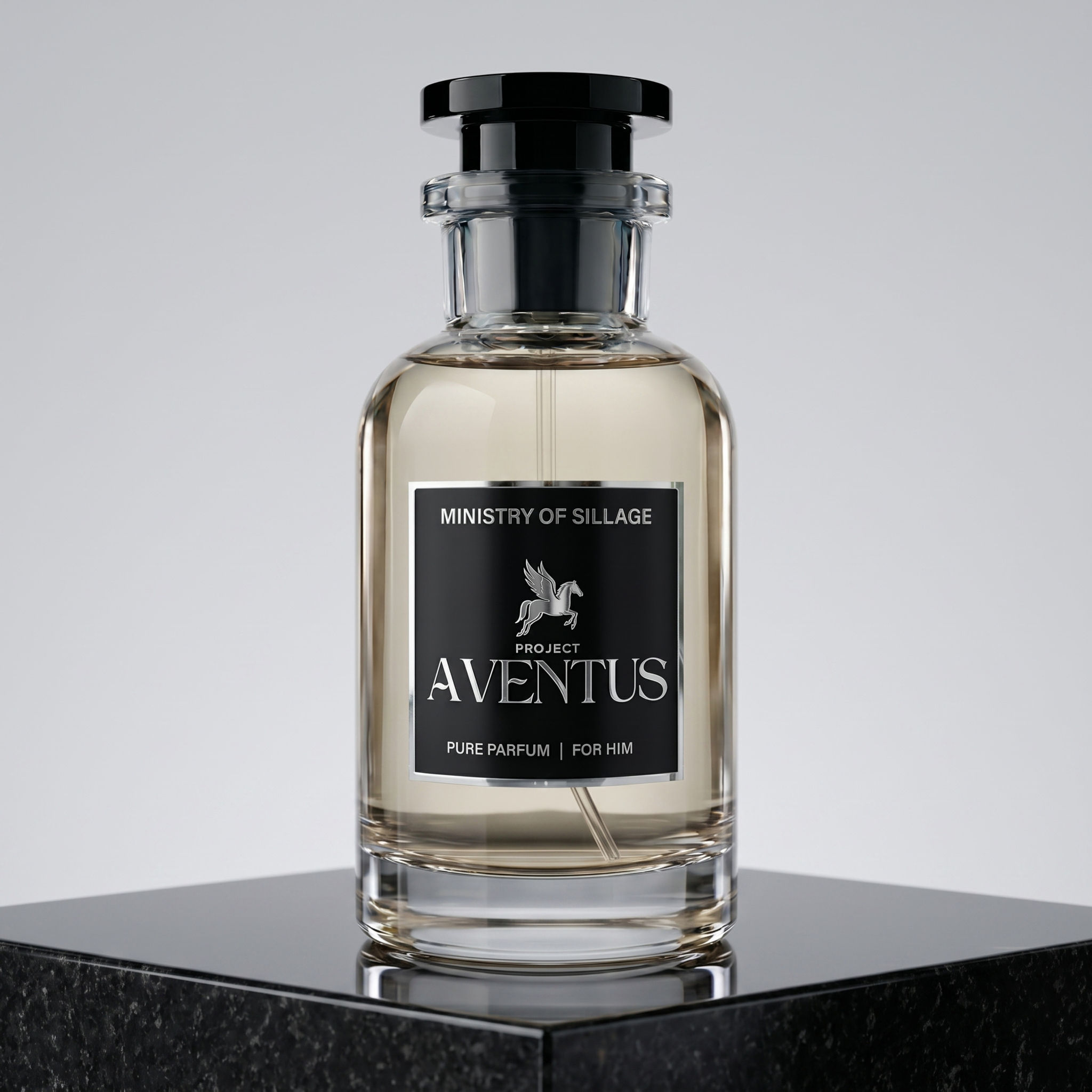 Project Aventus Pure Parfum bottle displayed on black marble for a premium look.