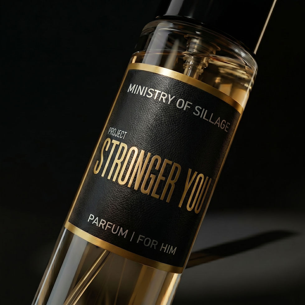 Close-up of Project Stronger You fragrance bottle showcasing premium gold typography details.