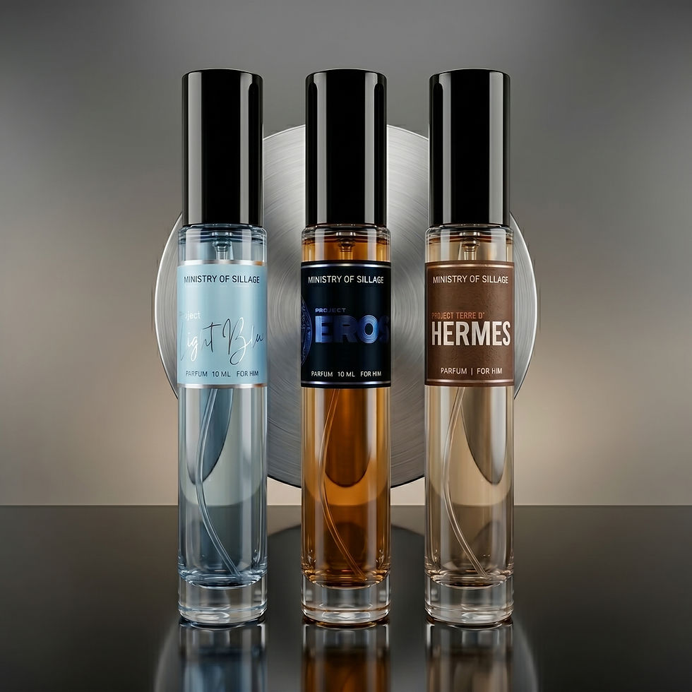 Ministry of Sillage Monaco Essence travel pack featuring Light Blue, Eros and Terre d’Hermes inspired fragrances.